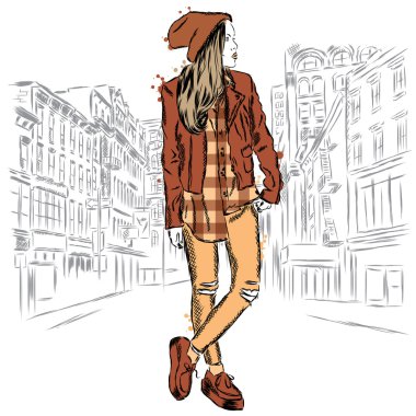 Bir şehir sokak şık kız. Vektör çizim.