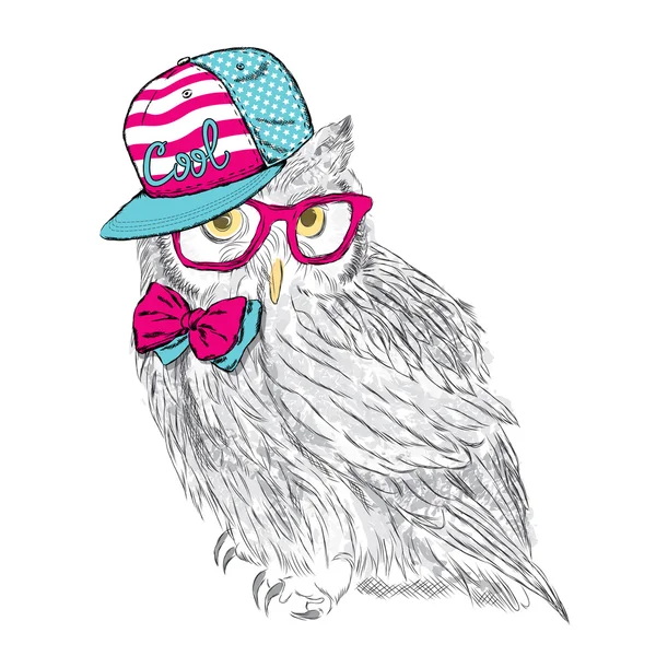 Owl wearing a cap and a tie. Print. Hipster. Painted Bird. — Stock Vector