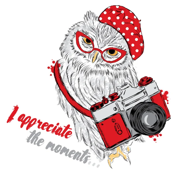 Cute owl with a camera. Hipster. Vector illustration for greeting card, poster, or print on clothes. — Stock Vector