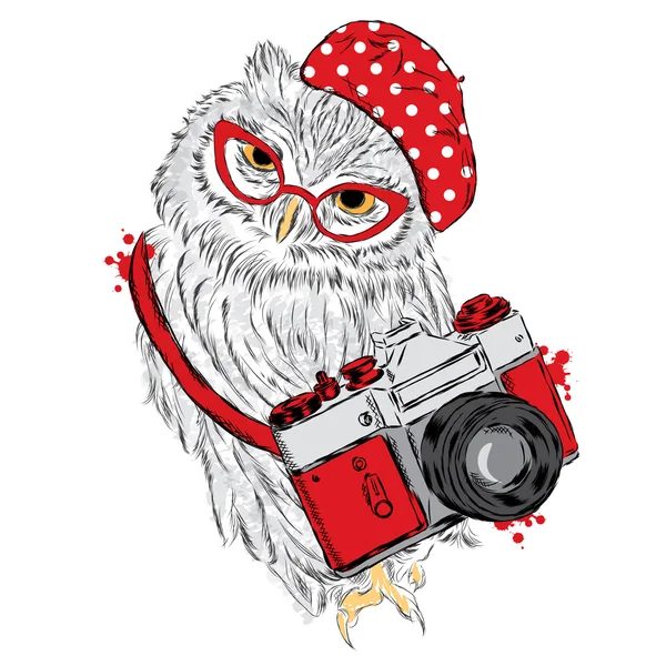 Cute owl with a camera. Hipster. Vector illustration for greeting card, poster, or print on clothes. — Stock Vector