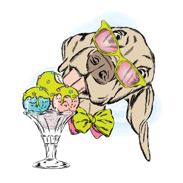 El perro come helado. Ilustración vectorial. Lindo cachorro con postre . — Vector de stock