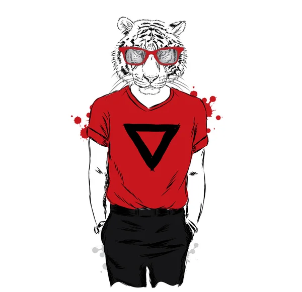 Animatie tijger hipster dragen van een T-shirt en broek. Vectorillustratie. — Stockvector