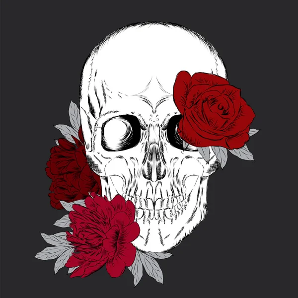 Totenkopf und Blumen. Vektorillustration. — Stockvektor