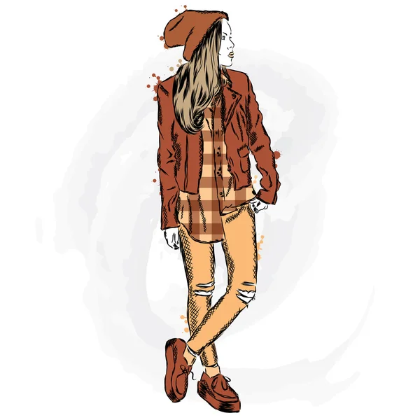 Chica con estilo en una calle de la ciudad. Ilustración vectorial . — Vector de stock