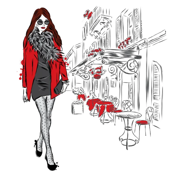 Chica con estilo en una calle de la ciudad. Ilustración vectorial . — Archivo Imágenes Vectoriales