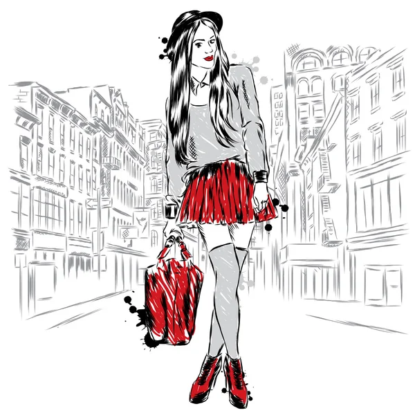 Une fille dans une rue de la ville. Hipster. Illustration vectorielle . — Image vectorielle