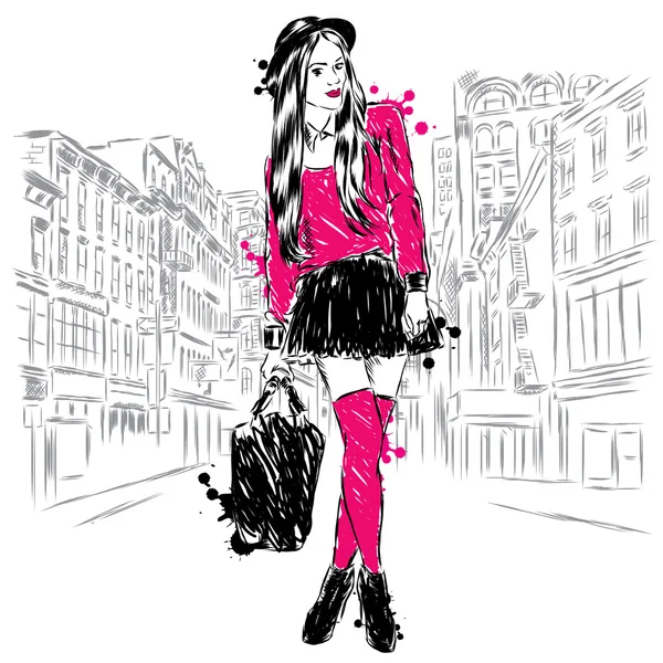 Une fille dans une rue de la ville. Hipster. Illustration vectorielle . — Image vectorielle