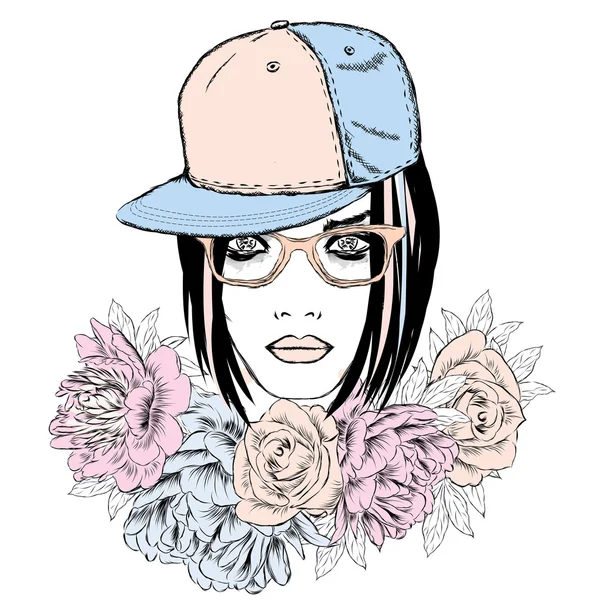 Chica adolescente con gorra y gafas. Ilustración vectorial para tarjeta de felicitación, póster o impresión en ropa . — Vector de stock