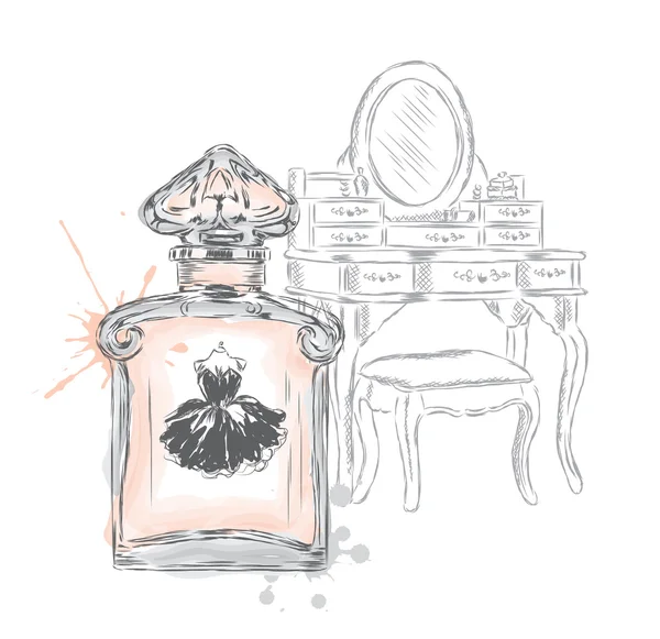 Sticlă de parfum şi o masă de toaletă. Ilustrație vectorială. Carte poștală vintage . — Vector de stoc