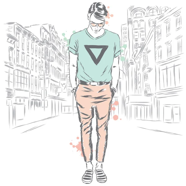 Ein stilvoller Mann auf einer Straße in der Stadt. Hipster. Vektorillustration. — Stockvektor