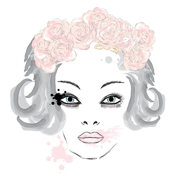Weibliches Gesicht Make-up. Mädchen im Kranz. Vektor-Illustration für Grußkarte, Poster oder Druck auf Kleidung. — Stockvektor