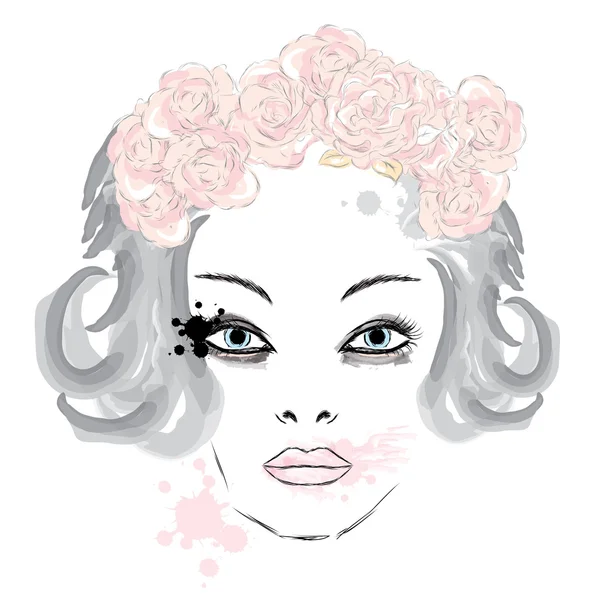 Female face makeup . Girl in a wreath . Vector illustration for greeting card, poster, or print on clothes. — Stock Vector