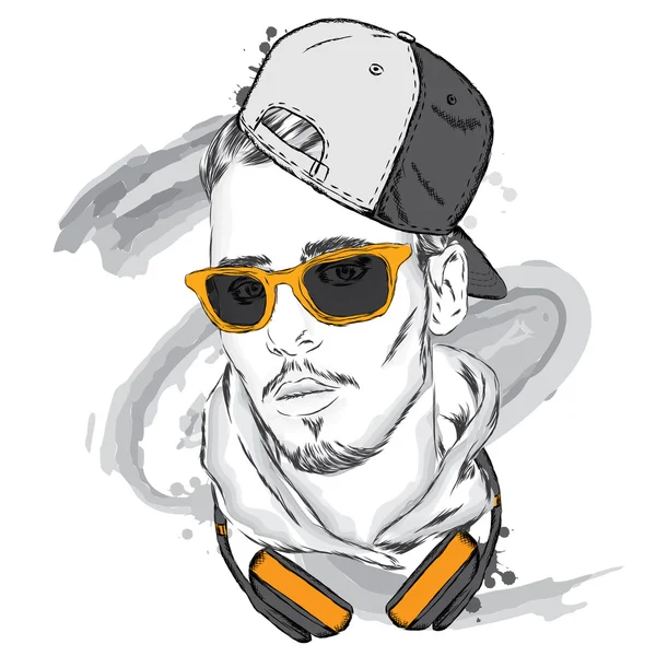 Portret van een knappe jongen in de vector. Hipster. Vectorillustratie voor wenskaart, poster of afdrukken op kleding. — Stockvector