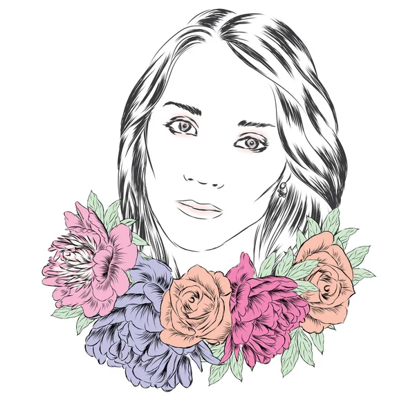 Flicka i en krans av blommor. Vektor illustration för gratulationskort, affisch eller tryck på kläder. — Stock vektor