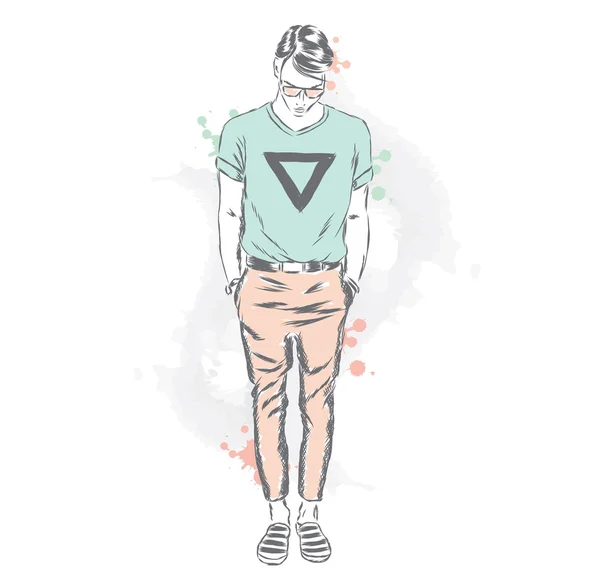 Un hombre elegante en una calle de la ciudad. Hipster. Ilustración vectorial . — Vector de stock