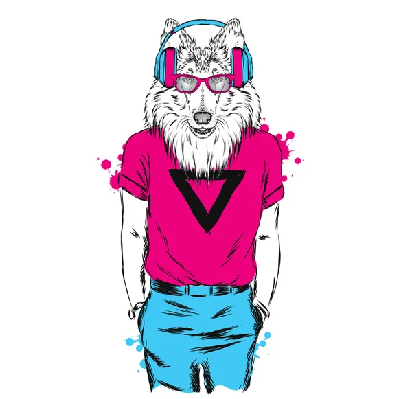 Collie écouteurs et vêtements. Le chien hipster. Illustration vectorielle . — Image vectorielle