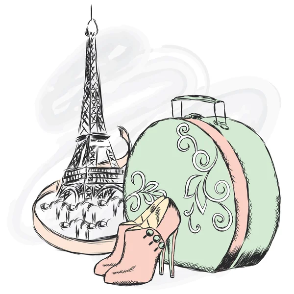 Vintage suitcase and boots. Paris. — Stock Vector