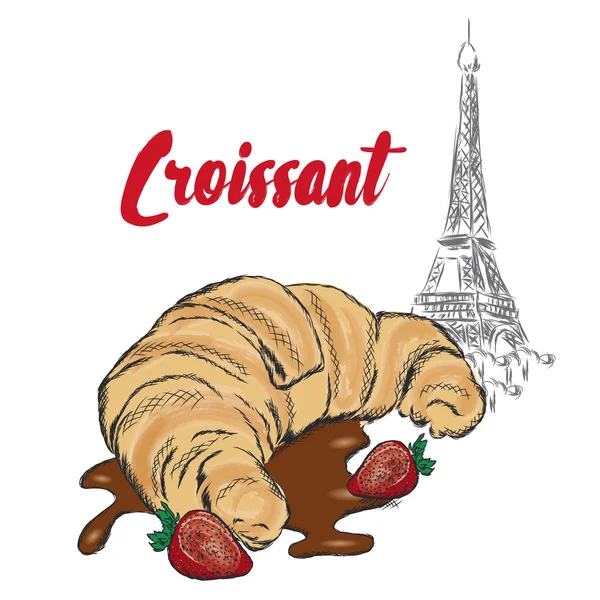 Croissant dibujado a mano. Ilustración vectorial. Postal con postre . — Archivo Imágenes Vectoriales