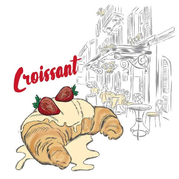 Croissant handgetekende. Vectorillustratie. Ansichtkaart met dessert. — Stockvector