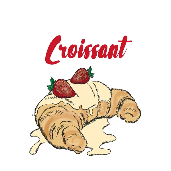 Croissant hand-drawn. Vector illustration. Postcard with dessert. — Stock Vector