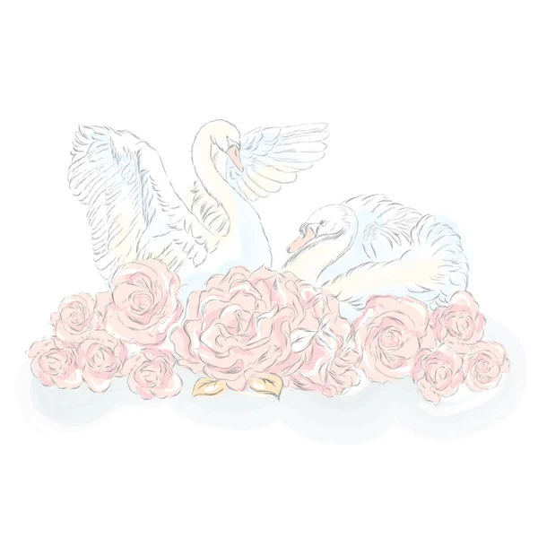 Cygnes dans un style vintage. Illustration vectorielle pour carte de vœux, affiche ou impression sur vêtements. mariage — Image vectorielle