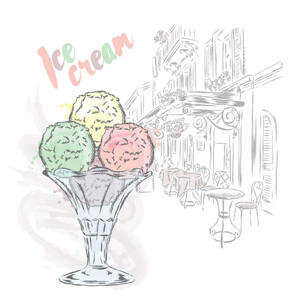 Ice cream kézzel festett. Vektoros illusztráció. Képeslap, desszert. — Stock Vector