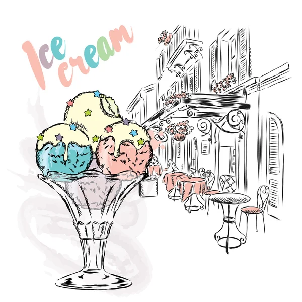 Ice cream ręcznie malowane. Ilustracja wektorowa. Pocztówka z deserem. — Wektor stockowy