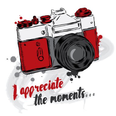 Vintage fotoğraf makinesi vektör. Anlar için teşekkür ederiz. Vektör çizim tebrik kartı, poster ya da giyim üzerine baskı için.