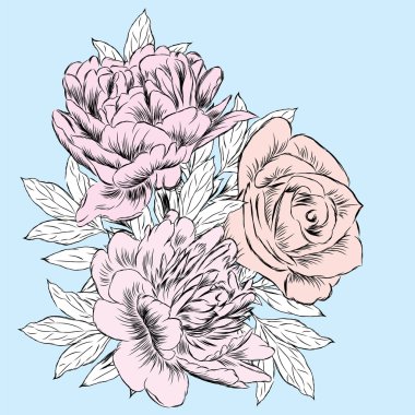 Vektör Vintage çiçeklenir. Peonies ve gül. Vintage kartpostal.