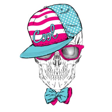 Kafatası kap ve gözlük. Vektör çizim tebrik kartı, poster ya da giyim üzerine baskı için.