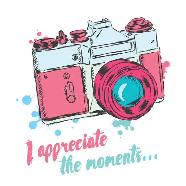 Vector de cámara Vintage. Aprecio los momentos. Ilustración vectorial para tarjeta de felicitación, póster o impresión en ropa . — Vector de stock