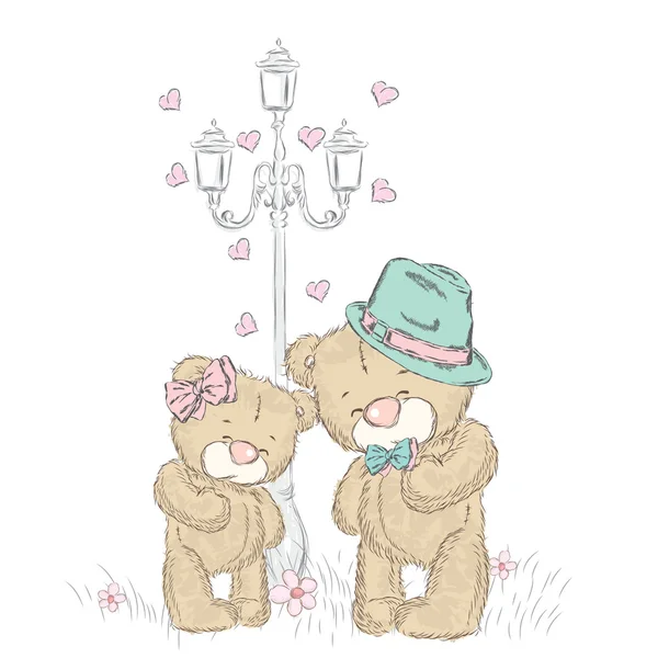 Медведь Тедди под лампой. С любовью. День Святого Валентина. Векторная иллюстрация для открытки, плаката или печати на одежде . — стоковый вектор
