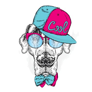 İşaretçi. Güzel köpek şapkası, güneş gözlüğü ve kravat takıyor. Vektör çizim.