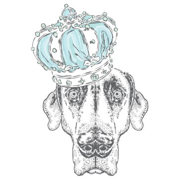 Taçtaki güzel köpek. Tebrik kartı, poster veya giysilere baskı için vektör çizimi.