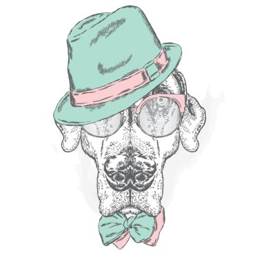 Işaretçi. Şapkalı, güneş gözlükli ve kravatlı güzel bir köpek. Vektör çizimi.