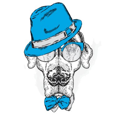 Işaretçi. Şapkalı, güneş gözlükli ve kravatlı güzel bir köpek. Vektör çizimi.