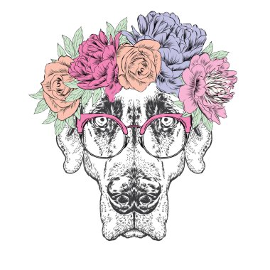 Işaretçi. Çiçek çelenk güzel köpek. Vektör çizimi.