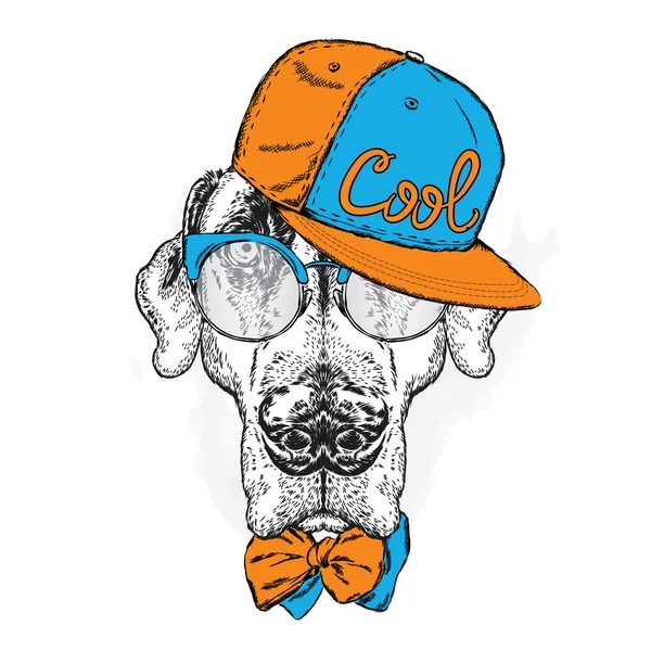Puntatore. Bellissimo cane con cappello, occhiali da sole e cravatta. Illustrazione vettoriale . — Vettoriale Stock
