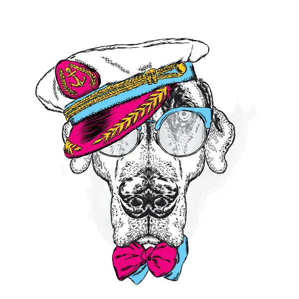 指针。漂亮的小狗在船长的帽子、 眼镜、 领带。矢量图的贺卡、 海报或打印在衣服上。时尚与风格。赶时髦的人. — 图库矢量图片