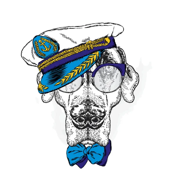 Wskaźnik. Piękny pies w captain's cap, okulary i krawat. Ilustracja wektorowa dla karty z pozdrowieniami, plakatu lub drukowanie na ubraniach. Moda styl idealna. Hipster. — Wektor stockowy