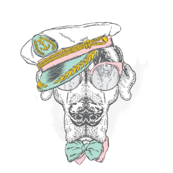 指针。漂亮的小狗在船长的帽子、 眼镜、 领带。矢量图的贺卡、 海报或打印在衣服上。时尚与风格。赶时髦的人. — 图库矢量图片