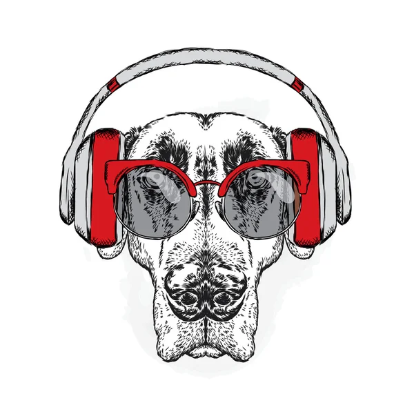 Lustiger Hund mit Kopfhörern. Vektor-Illustration für Grußkarte, Poster oder Druck auf Kleidung. — Stockvektor