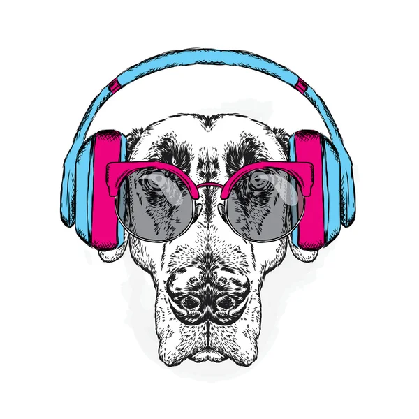 Funny dog wearing headphones. Vector illustration for greeting card, poster, or print on clothes. — Stock Vector