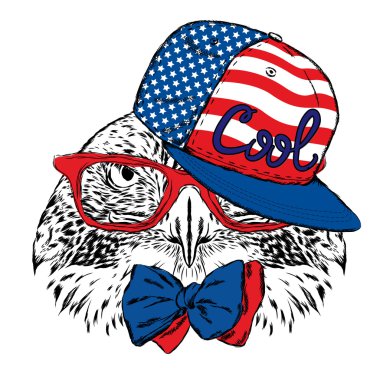 Şapkalı ve gözlüklü bir kuş. Tebrik kartı, poster veya giysilere baskı için vektör çizimi.