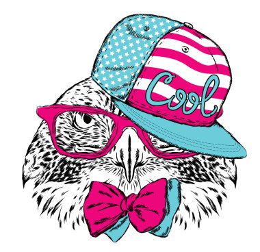 Şapkalı ve gözlüklü bir kuş. Tebrik kartı, poster veya giysilere baskı için vektör çizimi.