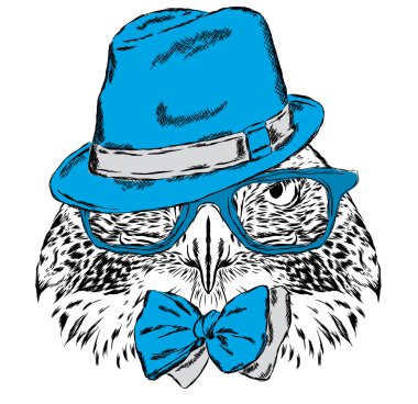 Şapkalı kuş, güneş gözlüğü ve kravat. Tebrik kartı, poster veya giysilere baskı için vektör çizimi.