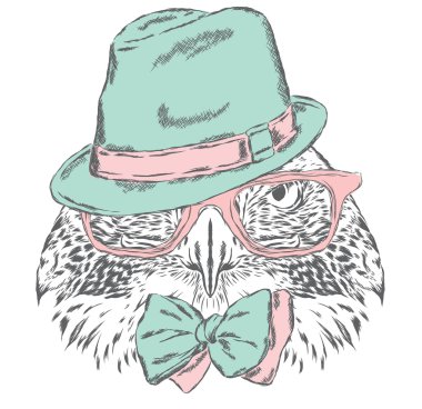 Şapkalı kuş, güneş gözlüğü ve kravat. Tebrik kartı, poster veya giysilere baskı için vektör çizimi.