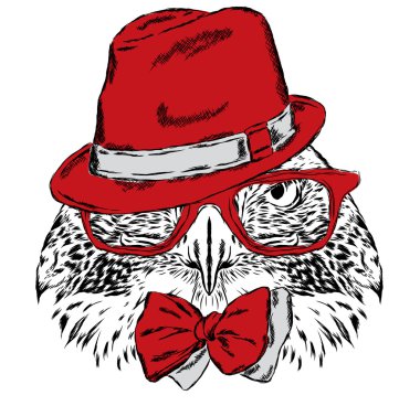 Şapkalı kuş, güneş gözlüğü ve kravat. Tebrik kartı, poster veya giysilere baskı için vektör çizimi.