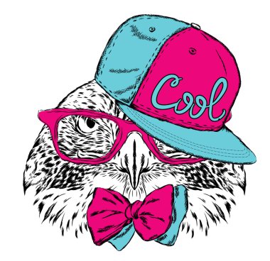Şapkalı ve gözlüklü bir kuş. Tebrik kartı, poster veya giysilere baskı için vektör çizimi.