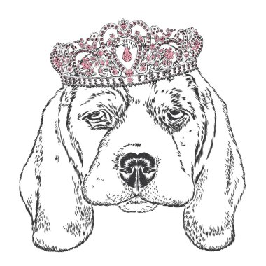 Bir taç giyen sevimli köpek. Vektör çizim.